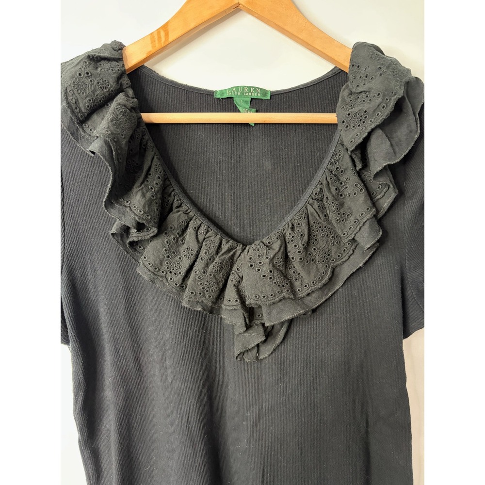 Lauren Ralph Lauren Black Ribbed Eyelet Ruffle Top Womens L Coquette Preppy Twee
